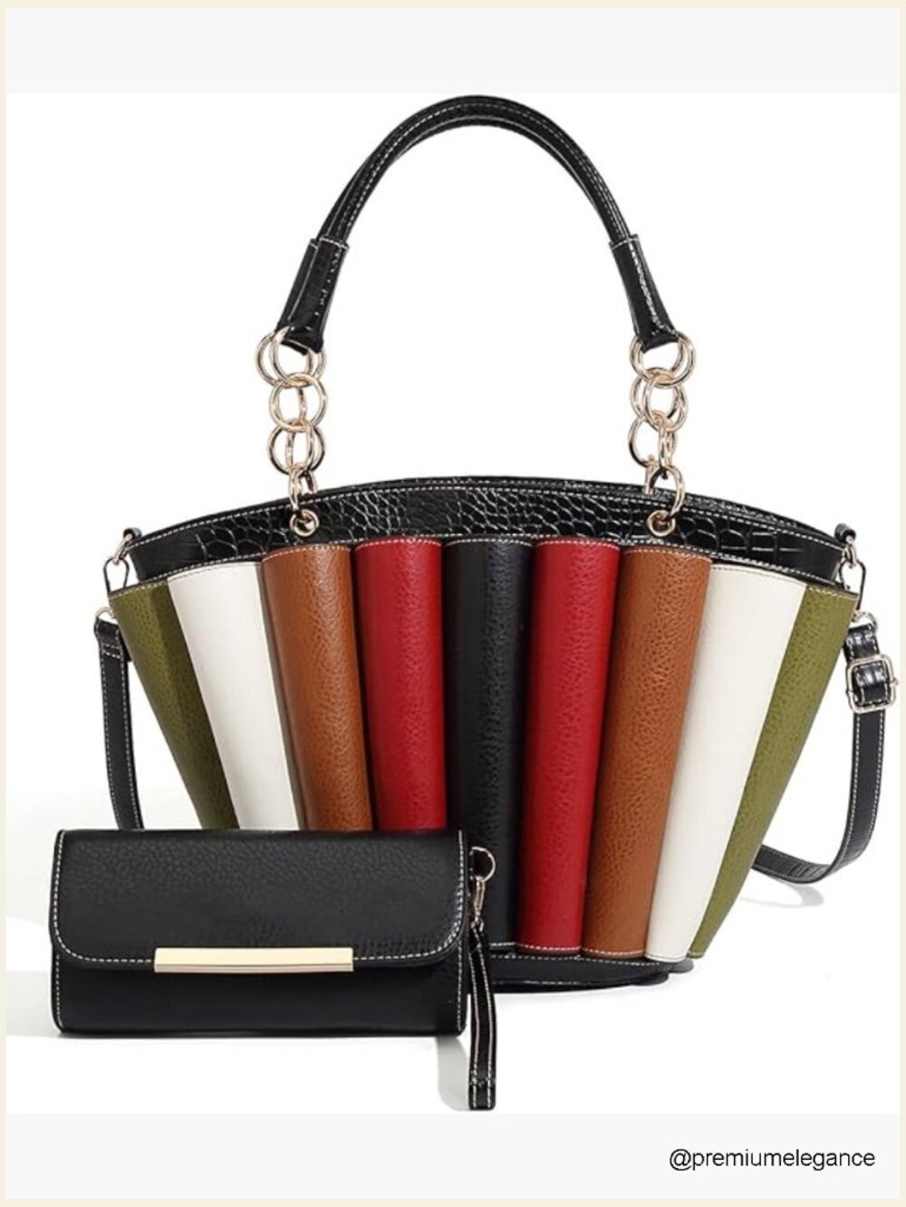 Colorblock Handbag Set with Striped Tote and Wallet